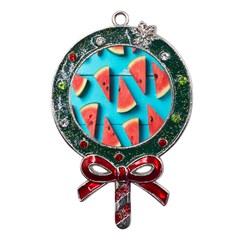 Watermelon Blue Background Metal X mas Lollipop With Crystal Ornament by Azkajaya