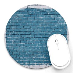 White And Blue Brick Wall Round Mousepad by Azkajaya