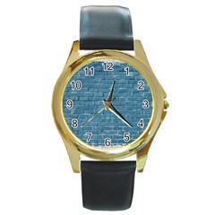 White And Blue Brick Wall Round Gold Metal Watch