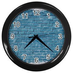 White And Blue Brick Wall Wall Clock (black) by Azkajaya