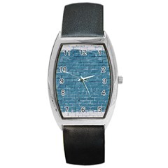 White And Blue Brick Wall Barrel Style Metal Watch by Azkajaya