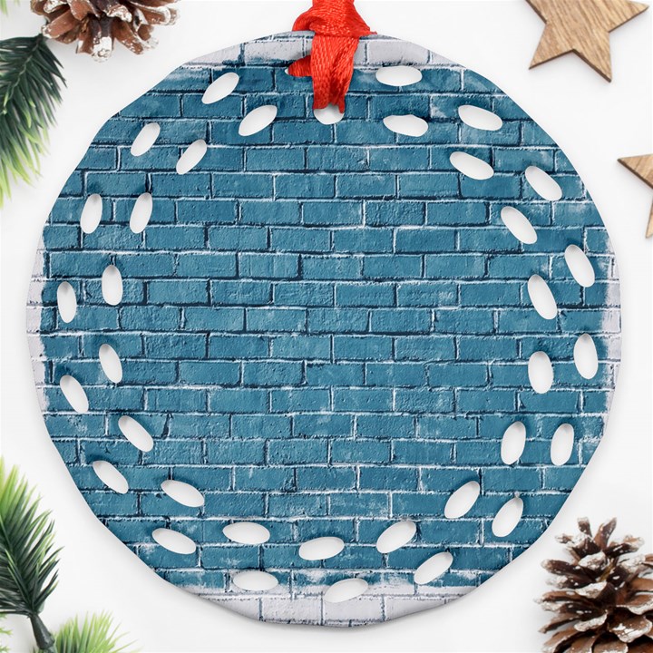 White And Blue Brick Wall Ornament (Round Filigree)