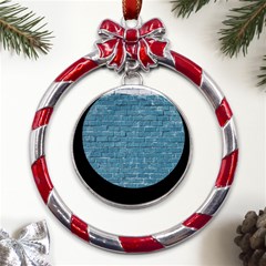 White And Blue Brick Wall Metal Red Ribbon Round Ornament by Azkajaya