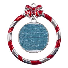 White And Blue Brick Wall Metal Red Ribbon Round Ornament