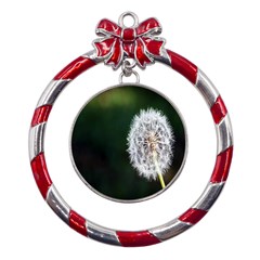 White Flower Metal Red Ribbon Round Ornament