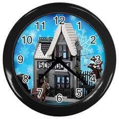 Winter Village Snow Brick Buildings Wall Clock (black) by Azkajaya