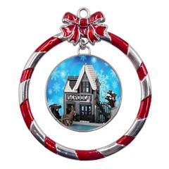 Winter Village Snow Brick Buildings Metal Red Ribbon Round Ornament