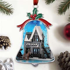 Winter Village Snow Brick Buildings Metal Holly Leaf Bell Ornament