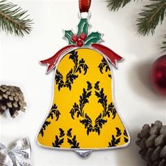 Yellow Regal Filagree Pattern Metal Holly Leaf Bell Ornament