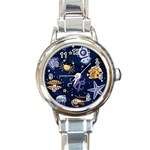 Marine Seamless Pattern Thin Line Memphis Style Round Italian Charm Watch Front