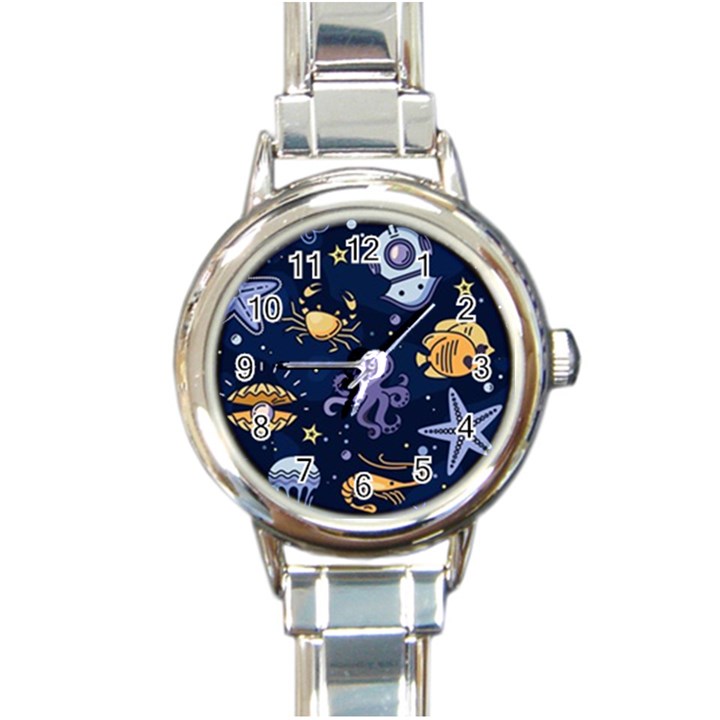 Marine Seamless Pattern Thin Line Memphis Style Round Italian Charm Watch