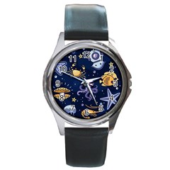 Marine Seamless Pattern Thin Line Memphis Style Round Metal Watch by Ket1n9