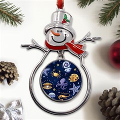 Marine Seamless Pattern Thin Line Memphis Style Metal Snowman Ornament by Ket1n9