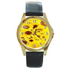 Beautiful Sunflowers Round Gold Metal Watch by Ket1n9