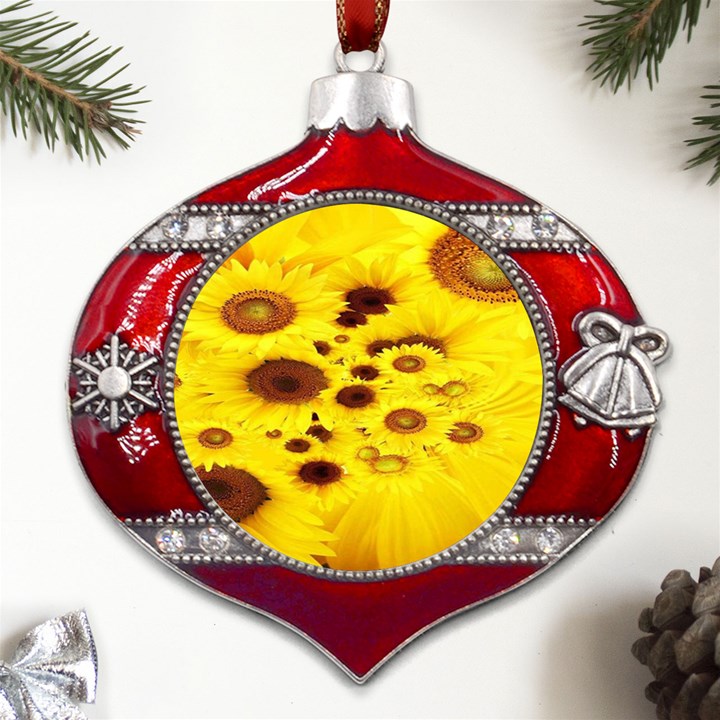 Beautiful Sunflowers Metal Snowflake And Bell Red Ornament