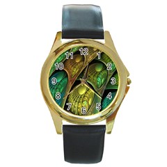 Psytrance Abstract Colored Pattern Feather Round Gold Metal Watch by Ket1n9