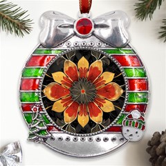 Pattern Decoration Background Metal X mas Ribbon With Red Crystal Round Ornament by Loisa77