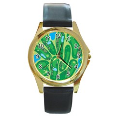 Golf Course Par Green Round Gold Metal Watch