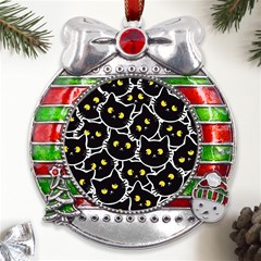 Cat Pattern Pet Drawing Eyes Metal X mas Ribbon With Red Crystal Round Ornament by Loisa77