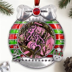 Pink Browning Deer Glitter Camo Camouflage Metal X mas Ribbon With Red Crystal Round Ornament by Loisa77