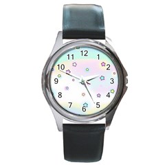 Stars Cute Pastel Pattern Rainbow Round Metal Watch