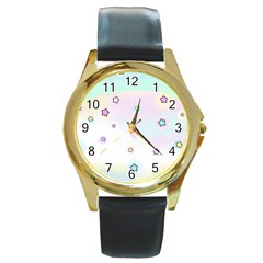 Stars Cute Pastel Pattern Rainbow Round Gold Metal Watch by Loisa77