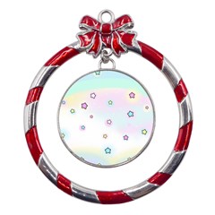 Stars Cute Pastel Pattern Rainbow Metal Red Ribbon Round Ornament by Loisa77