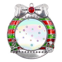 Stars Cute Pastel Pattern Rainbow Metal X mas Ribbon With Red Crystal Round Ornament by Loisa77