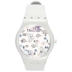 Butterflies Cute Flower Pastel Pattern Round Plastic Sport Watch (m) by Loisa77