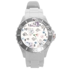 Butterflies Cute Flower Pastel Pattern Round Plastic Sport Watch (l) by Loisa77