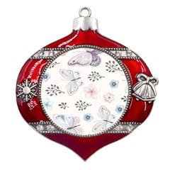 Butterflies Cute Flower Pastel Pattern Metal Snowflake And Bell Red Ornament by Loisa77