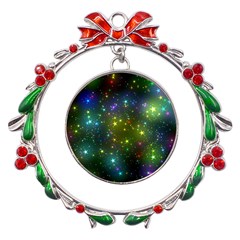 Stars Coloured Lights Background Metal X mas Wreath Ribbon Ornament by Loisa77