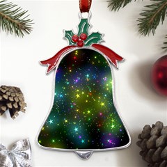 Stars Coloured Lights Background Metal Holly Leaf Bell Ornament by Loisa77