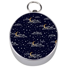 Hand Drawn Scratch Style Night-sky-with-moon-cloud Space Among-stars-seamless Pattern Vector Design Silver Compasses by Ket1n9