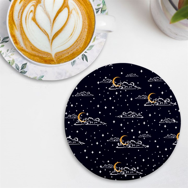 Hand Drawn Scratch Style Night-sky-with-moon-cloud Space Among-stars-seamless Pattern Vector Design UV Print Round Tile Coaster