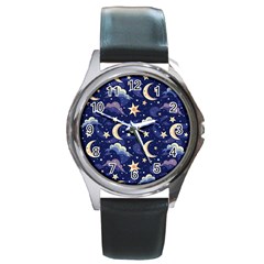 Night Moon Seamless Round Metal Watch by Loisa77