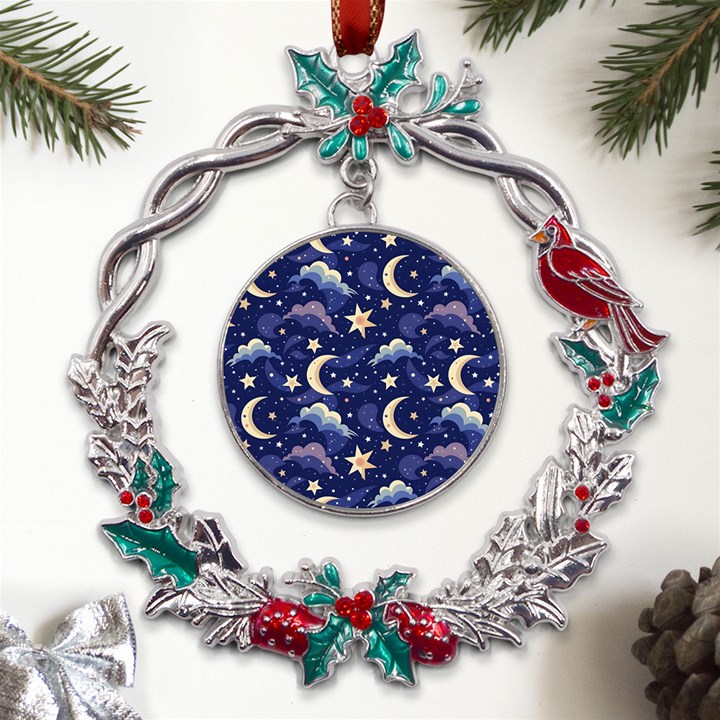 Night Moon Seamless Metal X mas Wreath Holly leaf Ornament