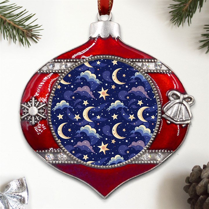 Night Moon Seamless Metal Snowflake And Bell Red Ornament