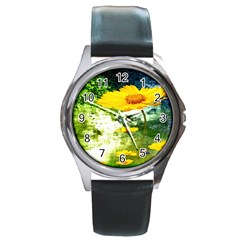 Yellow Flowers Round Metal Watch by Ket1n9