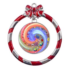 Swirl Vortex Emoji Cyclone Motion Metal Red Ribbon Round Ornament by Paksenen