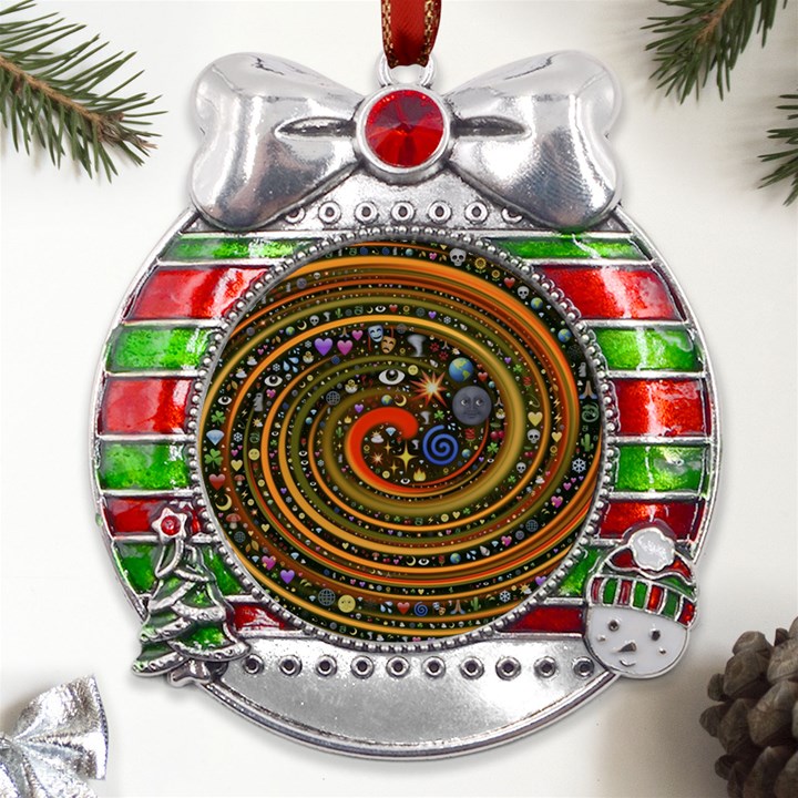 Swirl Vortex Emoji Cyclone Motion Art Metal X Mas Ribbon With Red Crystal Round Ornament