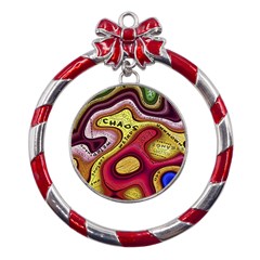 Chaos Unknown Unfamiliar Strange Metal Red Ribbon Round Ornament by Paksenen