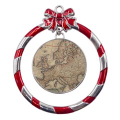 Old Vintage Classic Map Of Europe Metal Red Ribbon Round Ornament by Paksenen