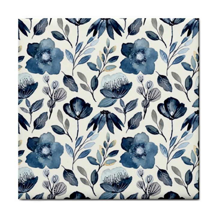 Indigo Watercolor Floral Seamless-pattern Tile Coaster