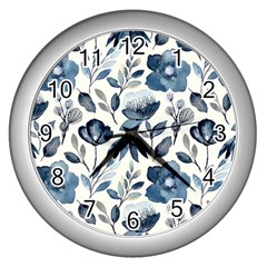 Indigo Watercolor Floral Seamless-pattern Wall Clock (Silver)