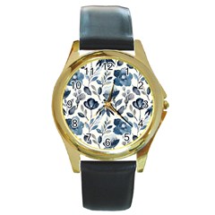 Indigo Watercolor Floral Seamless-pattern Round Gold Metal Watch