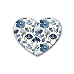 Indigo Watercolor Floral Seamless-pattern Rubber Coaster (Heart)