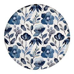 Indigo Watercolor Floral Seamless-pattern Round Glass Fridge Magnet (4 pack)