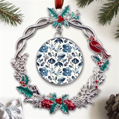 Indigo Watercolor Floral Seamless-pattern Metal X mas Wreath Holly Leaf Ornament