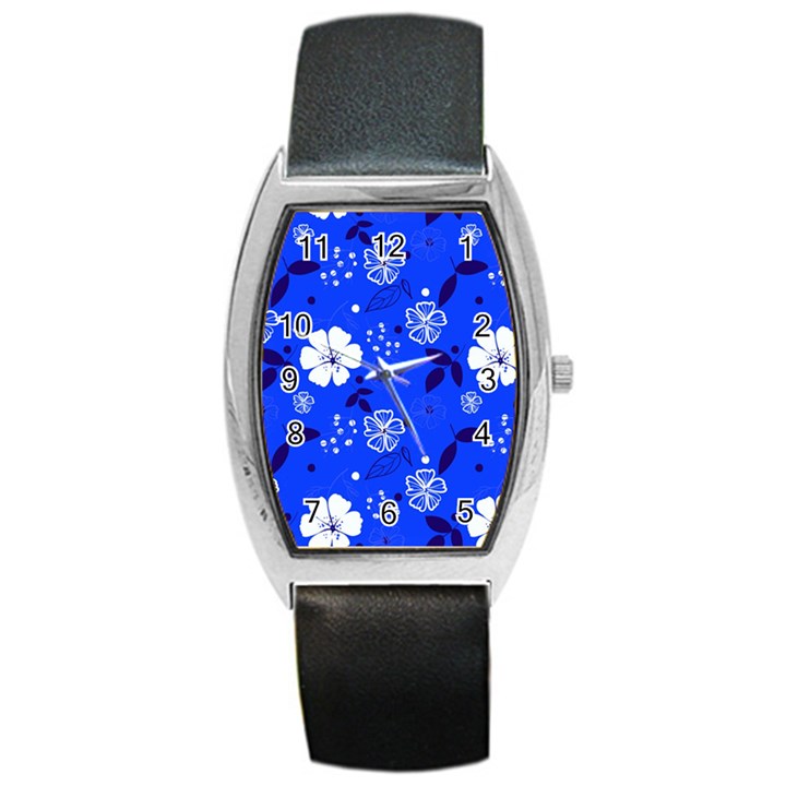 Blooming Seamless Pattern Blue Colors Barrel Style Metal Watch